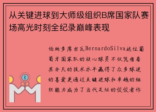 从关键进球到大师级组织B席国家队赛场高光时刻全纪录巅峰表现