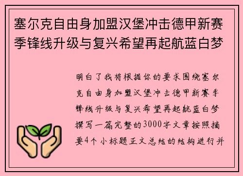 塞尔克自由身加盟汉堡冲击德甲新赛季锋线升级与复兴希望再起航蓝白梦